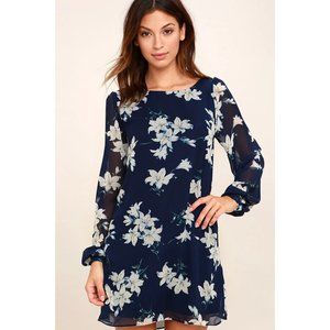 Lulus Shift Dress Small Navy Blue Floral Long Sleeve Women's